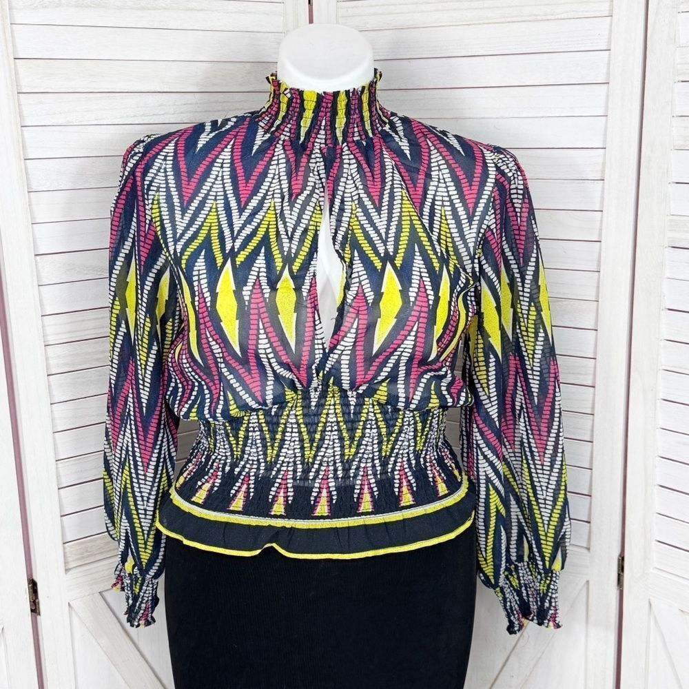 Ashley Stewart Chevron Stripe Key Hole Smocked Waist Blouse‎ Multicolor 0X